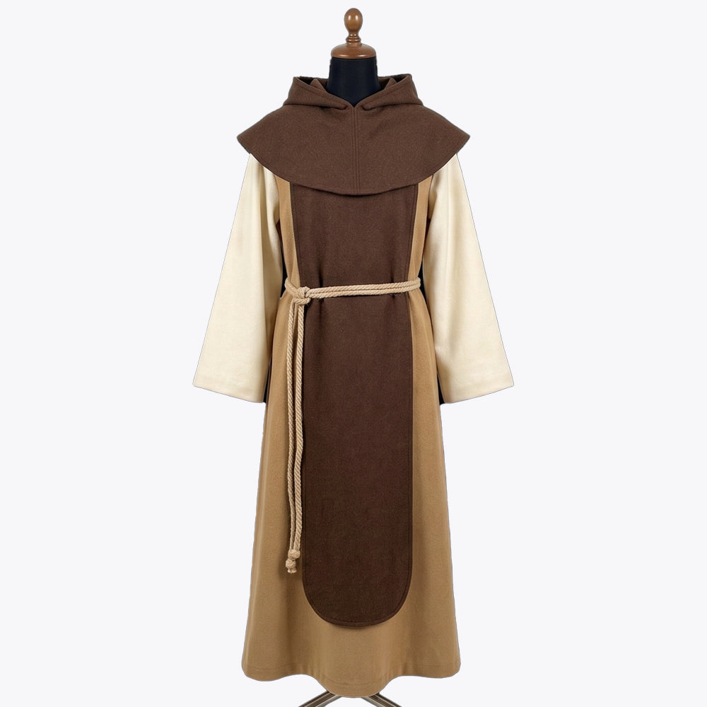 Front full-length view of a camel monk habit with ivory-cream bell sleeves and a dark brown rounded scapular