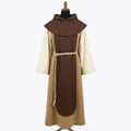 Front full-length view of a camel monk habit with ivory-cream bell sleeves and a dark brown rounded scapular