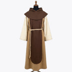 Front full-length view of a camel monk habit with ivory-cream bell sleeves and a dark brown rounded scapular