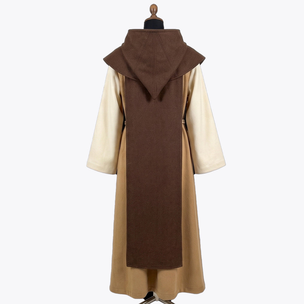 Back view of the camel habit showing the topstitched hood seam and the scapular's rounded lower edge