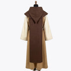 Back view of the camel habit showing the topstitched hood seam and the scapular's rounded lower edge