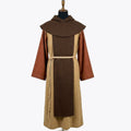 Front full-length view of a camel monk habit with a dark brown front scapular and rust sleeves