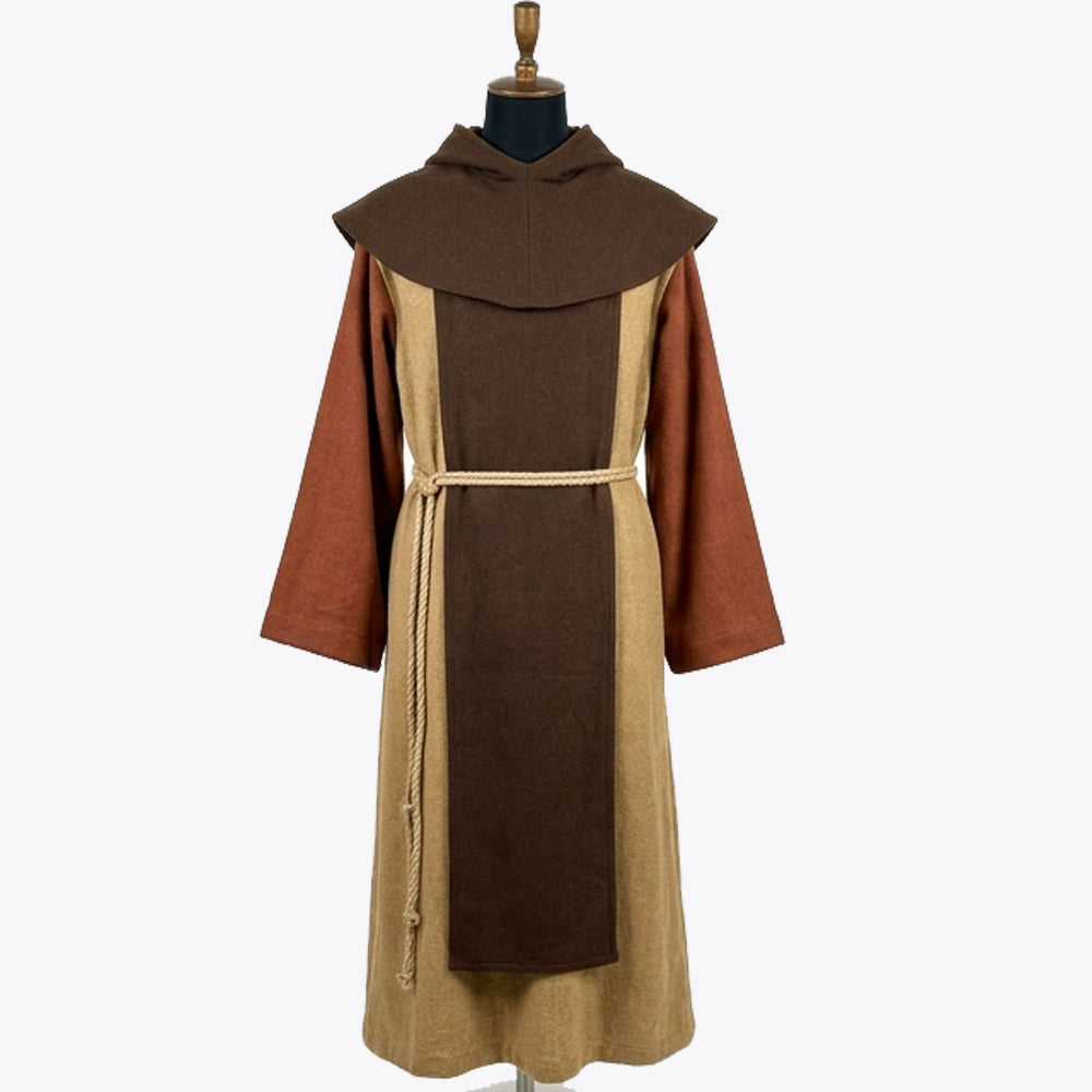 Front full-length view of a camel monk habit with a dark brown front scapular and rust sleeves