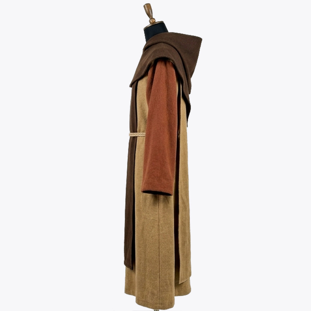 Side profile of the camel habit showing the dark brown hood and rust sleeve against the body