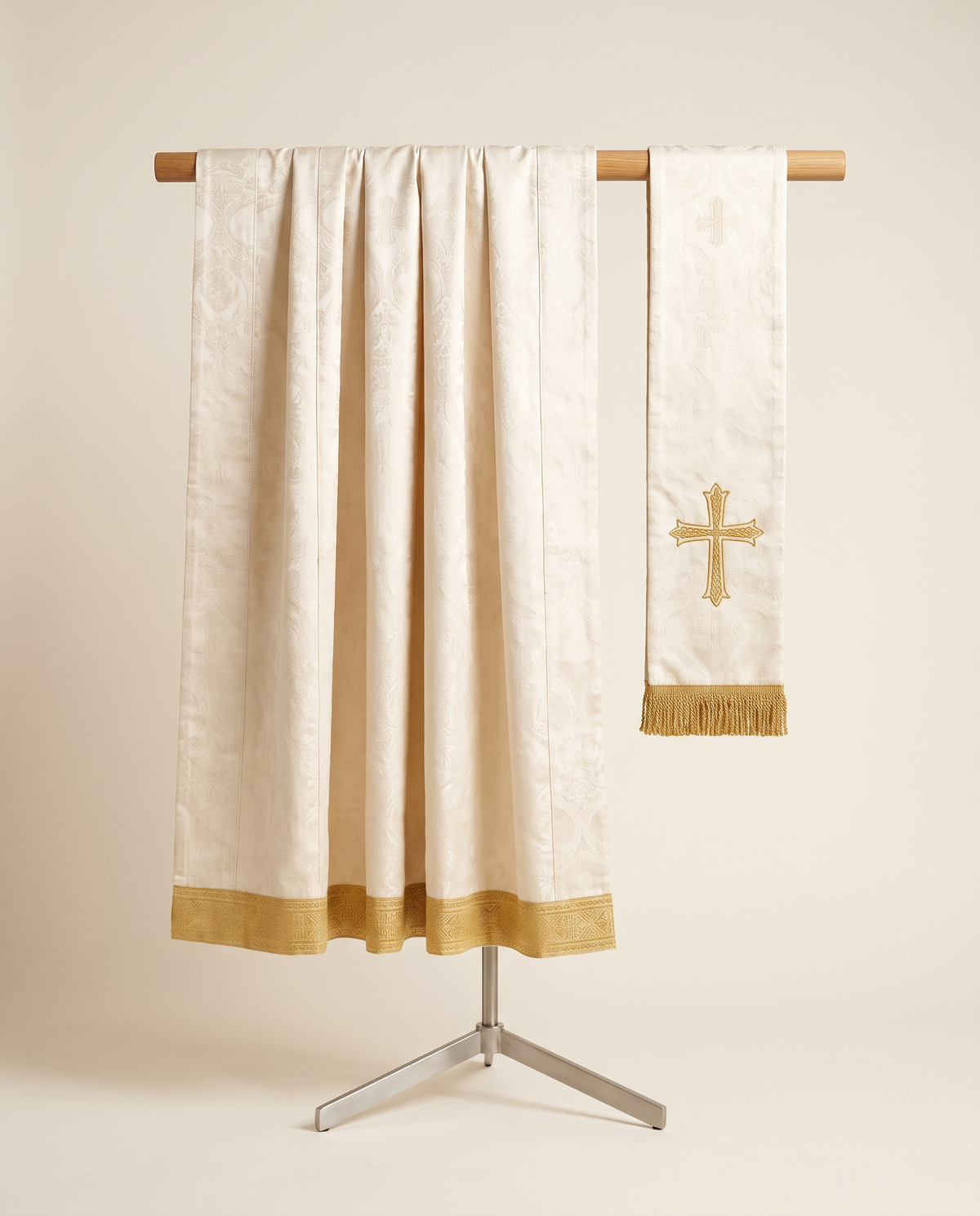 An ivory silk brocade altar frontal and a matching fringed pulpit fall with a goldwork cross, hanging on a plain oak display rail