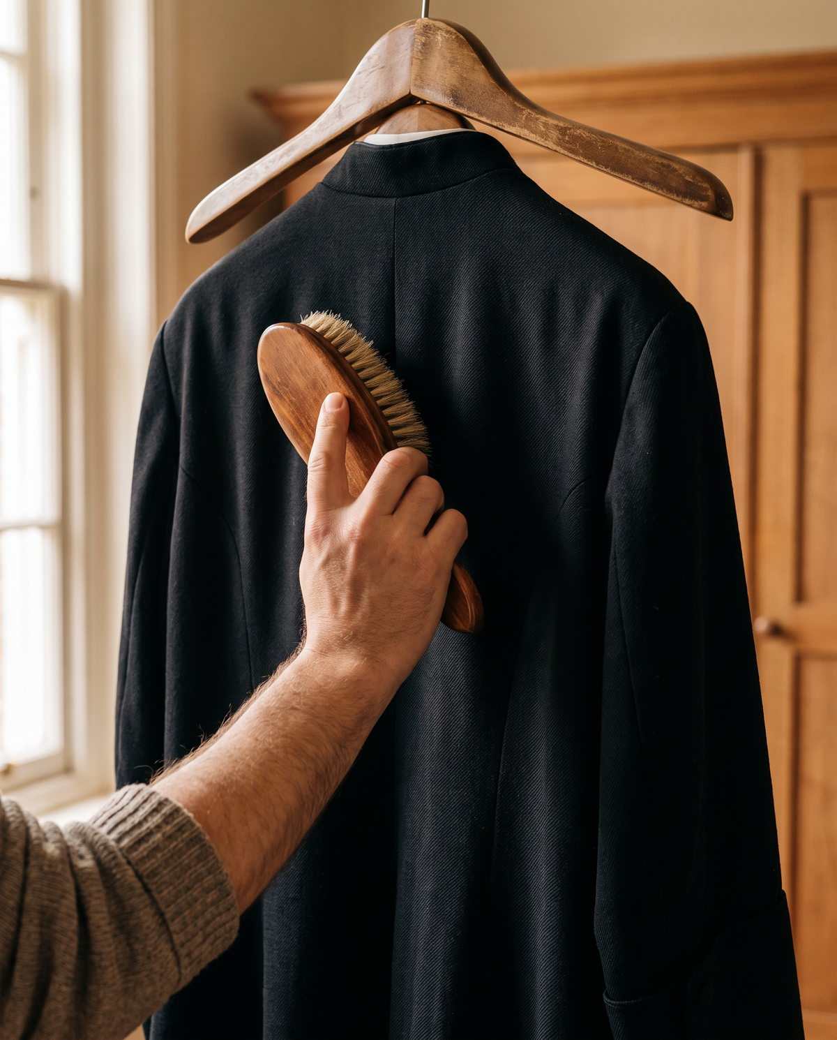 A black wool cassock being brushed on a broad shaped wooden hanger