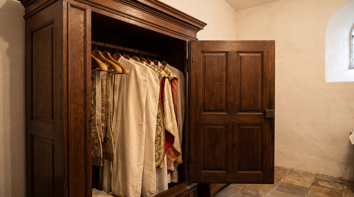 A sacristy vestment press with garments hanging under breathable cotton covers