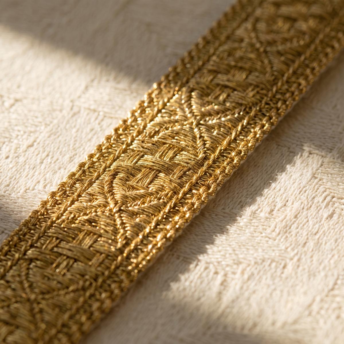 Woven gold metallic galloon braid laid across ivory liturgical cloth