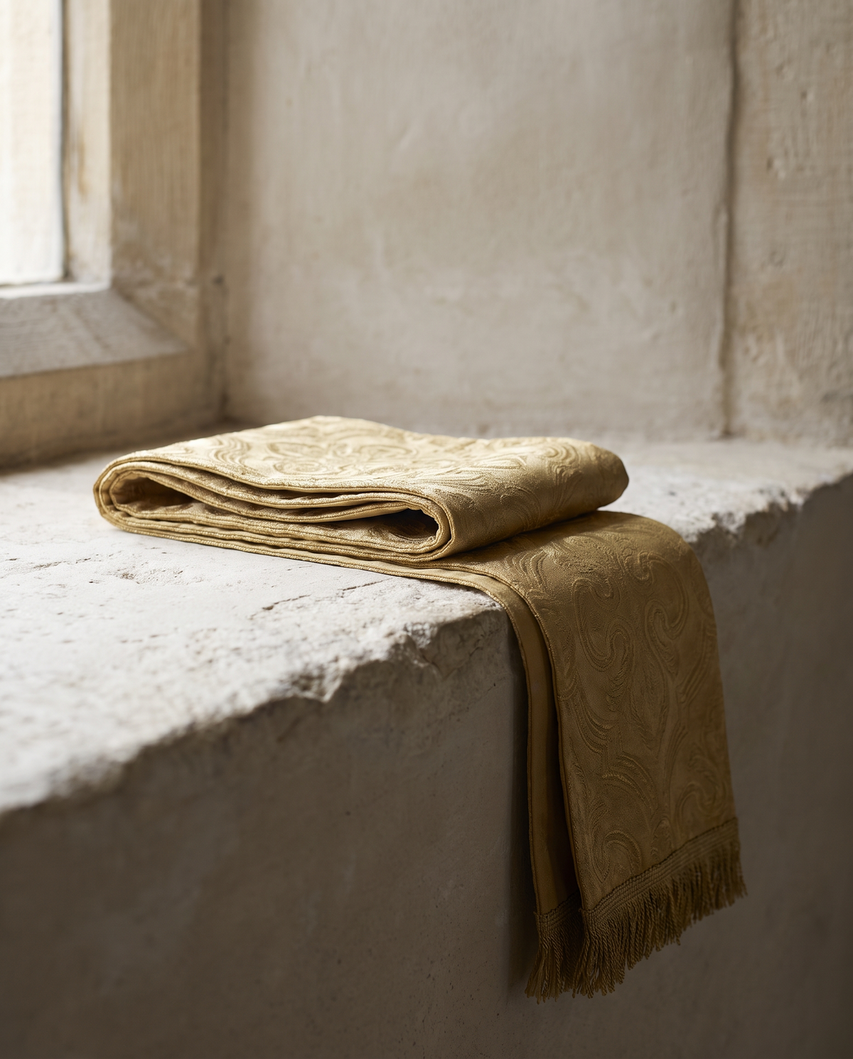 A folded stole in cloth of gold with a subtle woven pattern