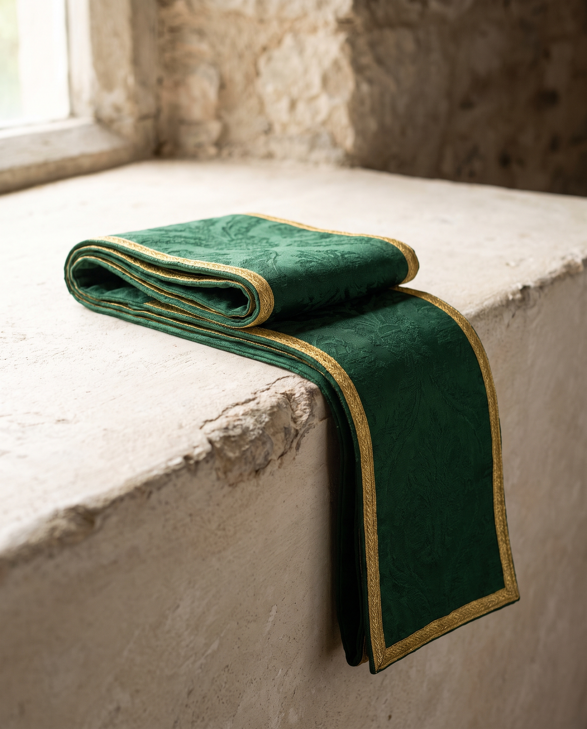 A folded forest green damask stole with gold galloon edging