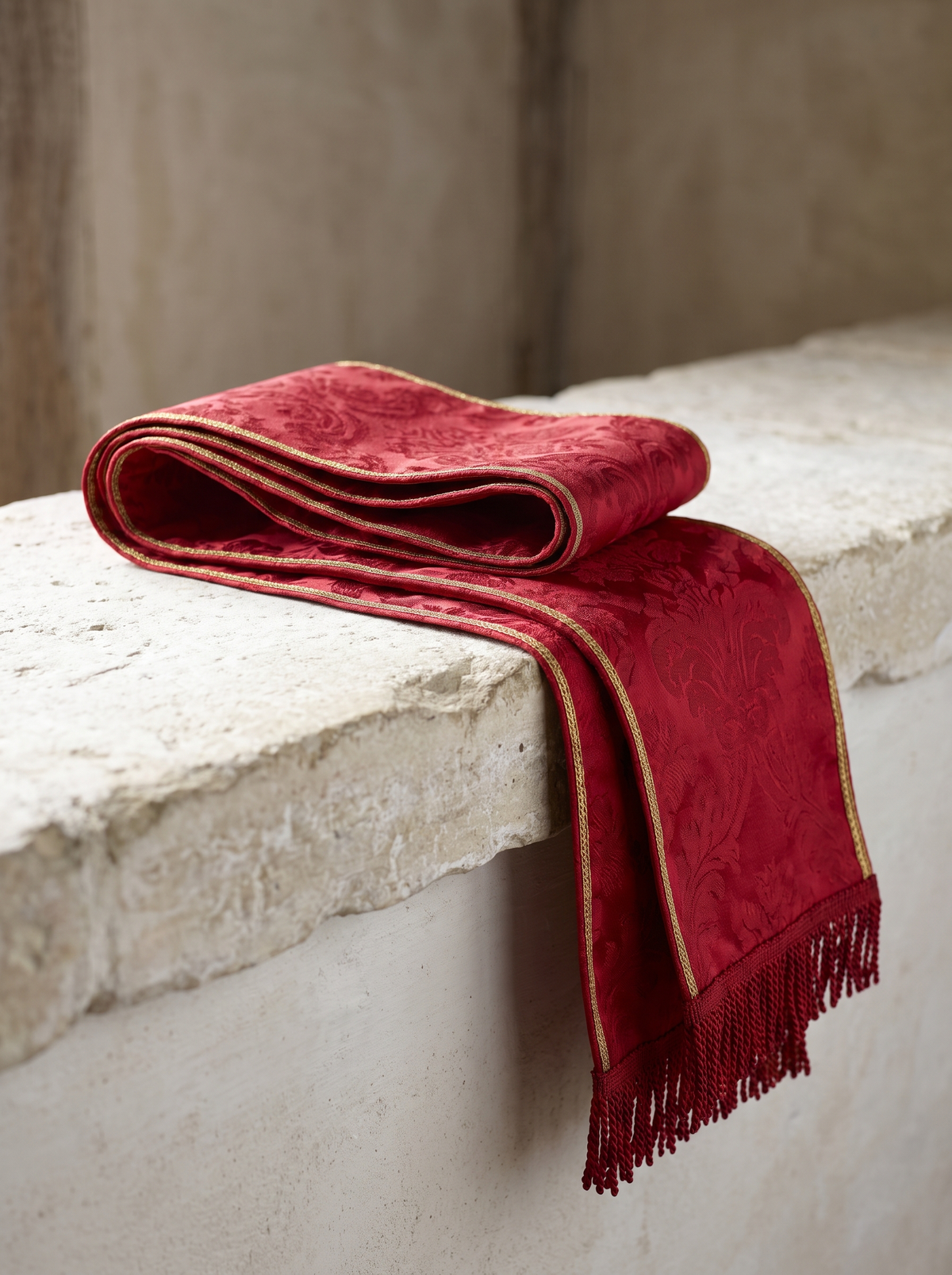 A folded cardinal red damask stole with gold galloon edging