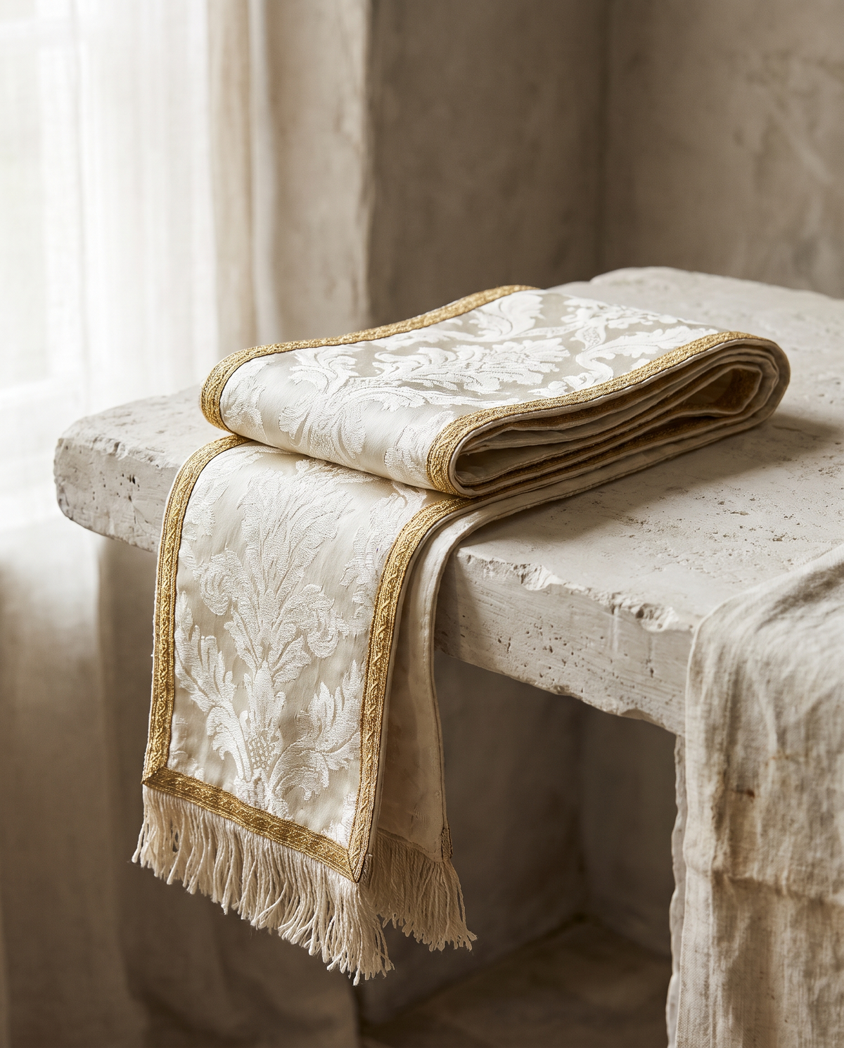 A folded white and ivory brocade stole with gold galloon edging