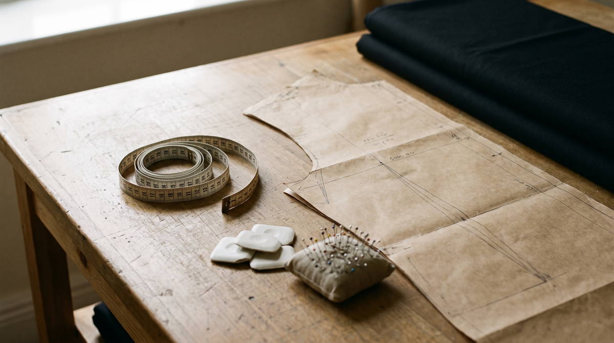A soft tape measure coiled beside a paper cassock pattern, chalk and pins