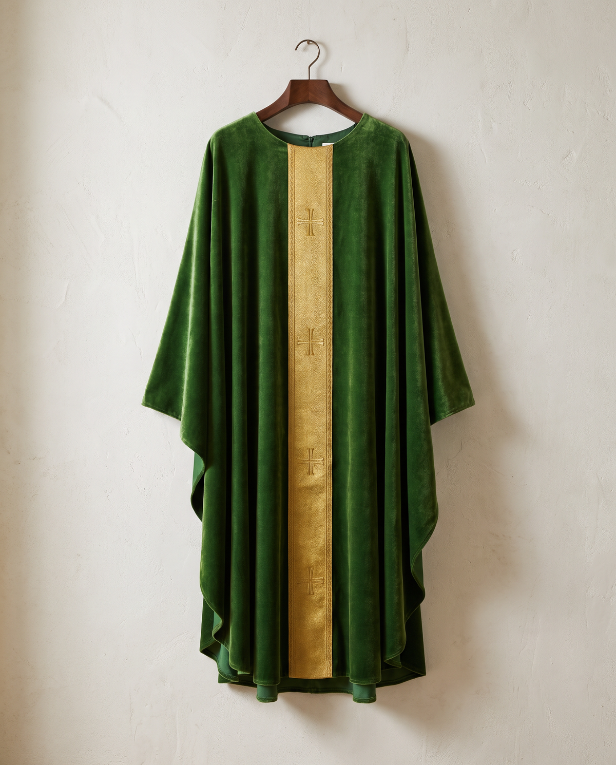 A finished green chasuble with a gold orphrey hanging on a broad wooden hanger