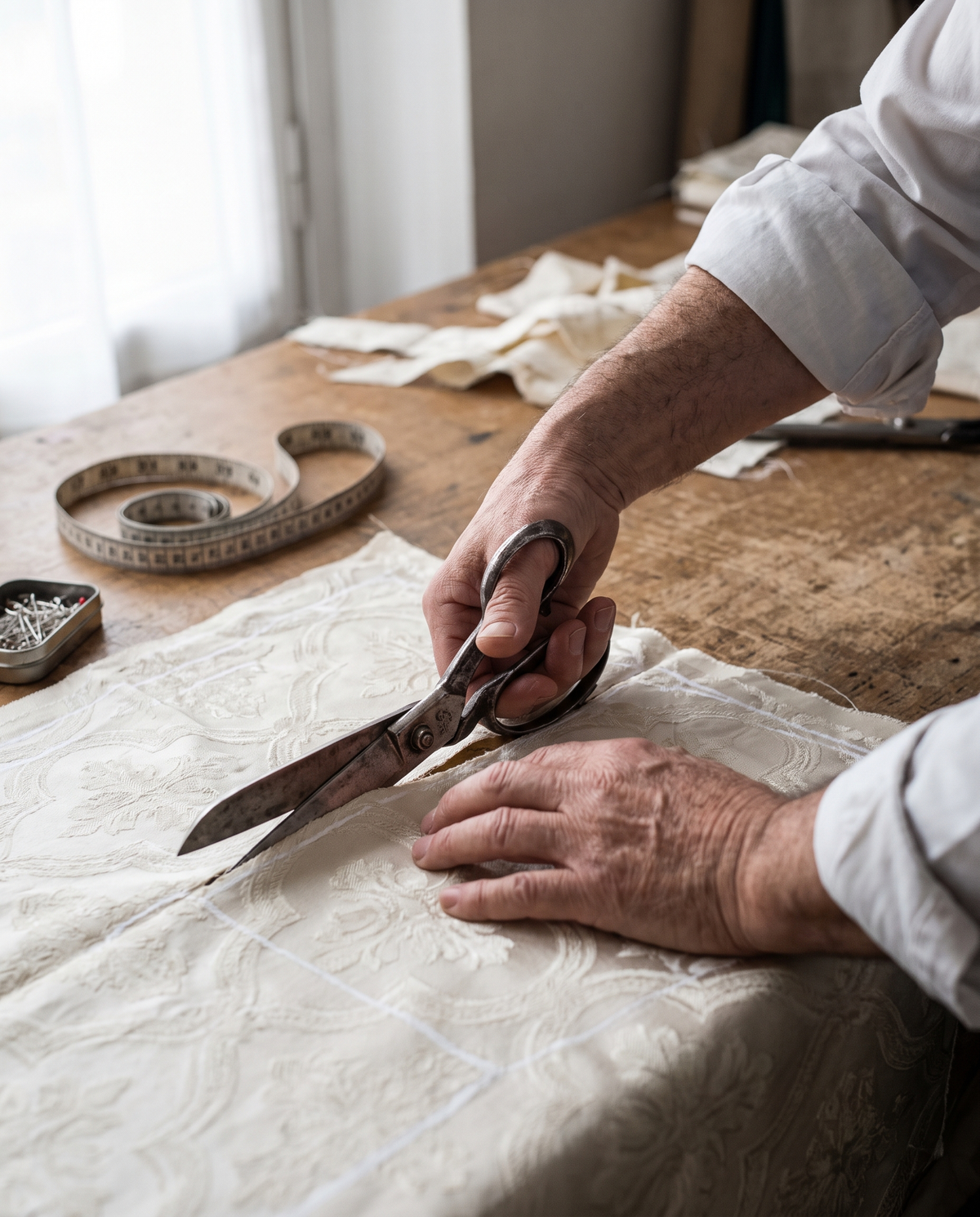 A tailor cutting ivory liturgical brocade with steel shears along chalked pattern marks