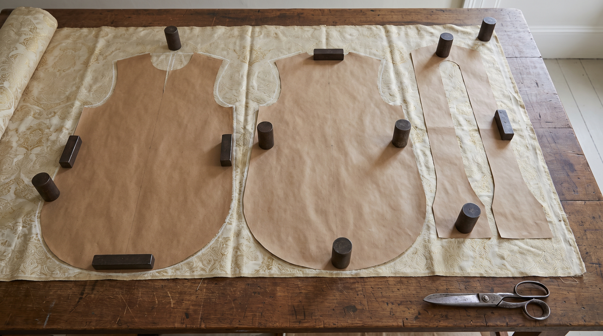 Chasuble pattern pieces weighted out on ivory brocade, seen from above
