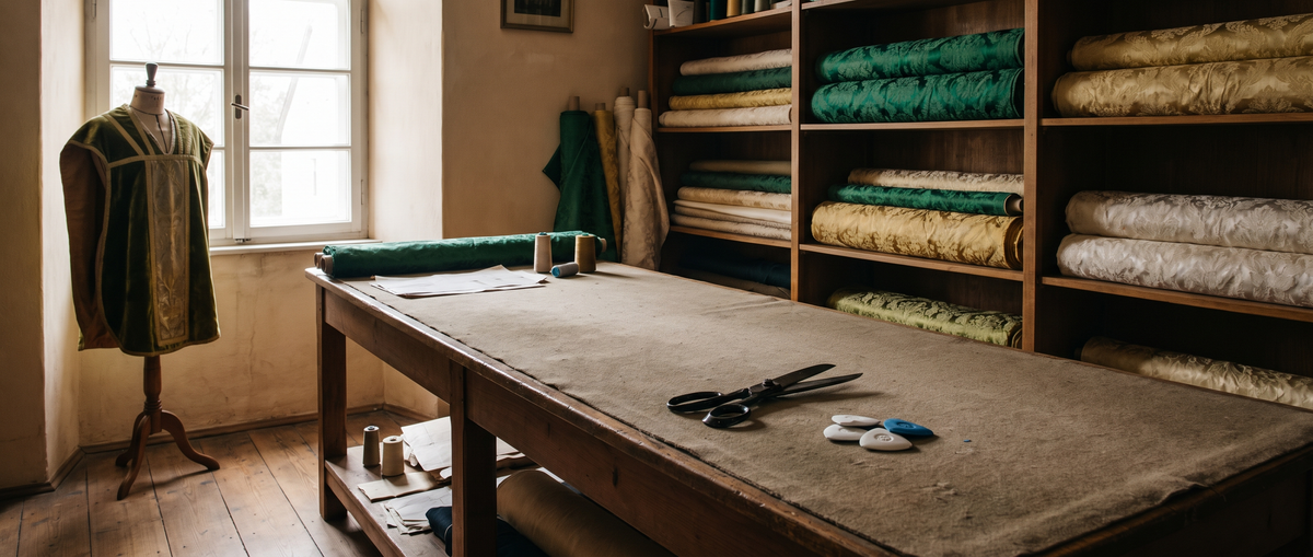 A long wooden table with bolts of liturgical brocade and damask on the shelves behind it