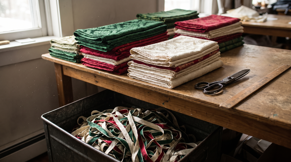 Offcuts of liturgical cloth folded into ordered stacks at the end of a workbench