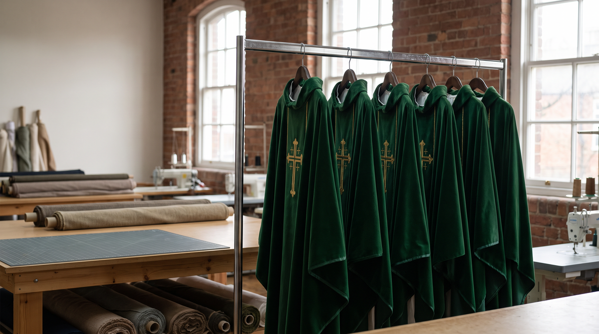 Six matching green chasubles hanging evenly spaced on a garment rail