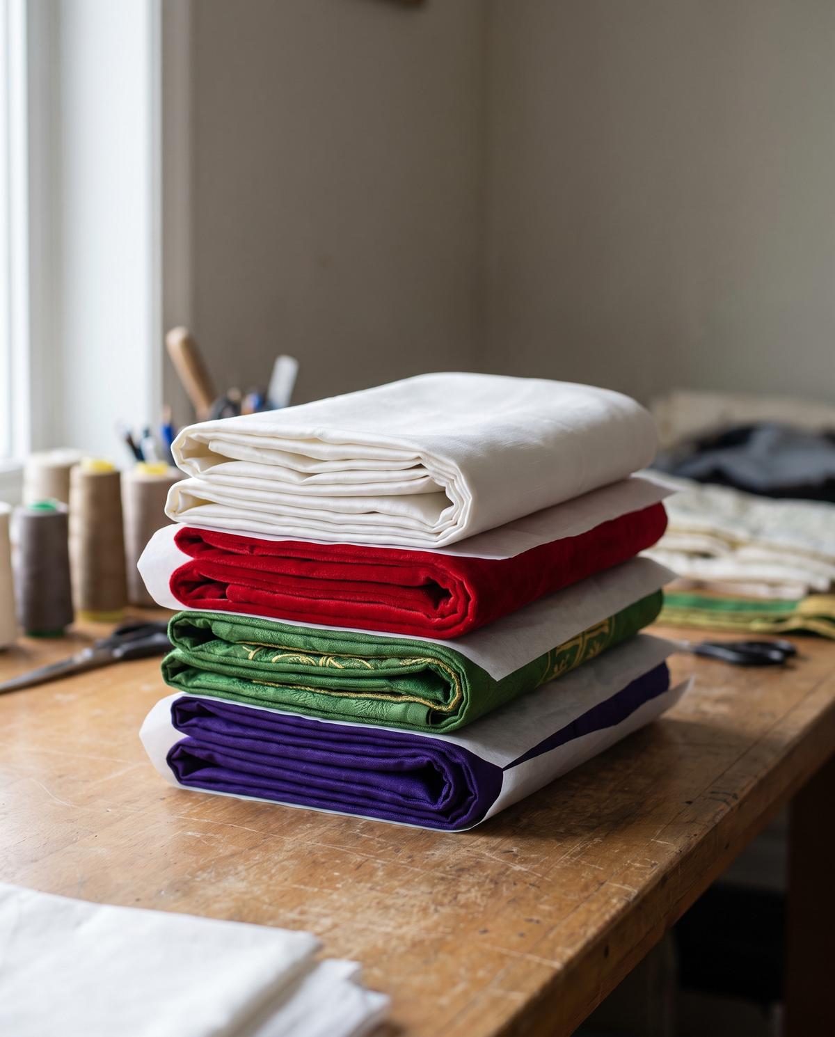 Folded stoles in white, red, green and violet stacked with tissue between them