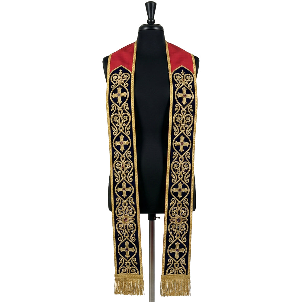 Roman-style priest stole on a mannequin, red yoke and navy velvet-look bands with gold scrollwork and crosses.