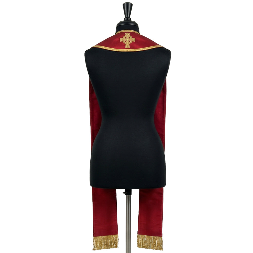 Back view of the Roman-style stole showing a ringed Celtic-style cross embroidered on the red neck yoke.