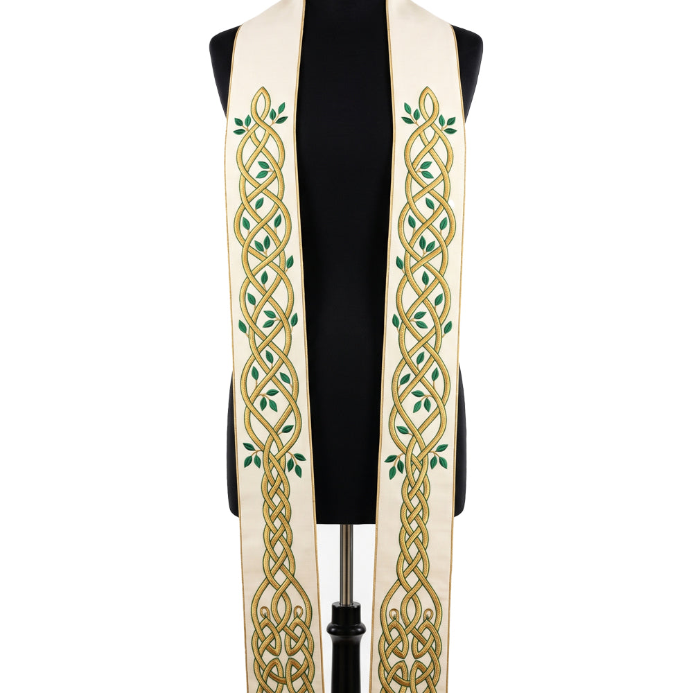 Front view of the Ivory Celtic Knot Wedding Stole, showing the gold and olive interlace band with green leaf sprigs.