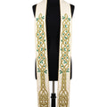 Front view of the Ivory Celtic Knot Wedding Stole, showing the gold and olive interlace band with green leaf sprigs.