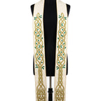 Front view of the Ivory Celtic Knot Wedding Stole, showing the gold and olive interlace band with green leaf sprigs.