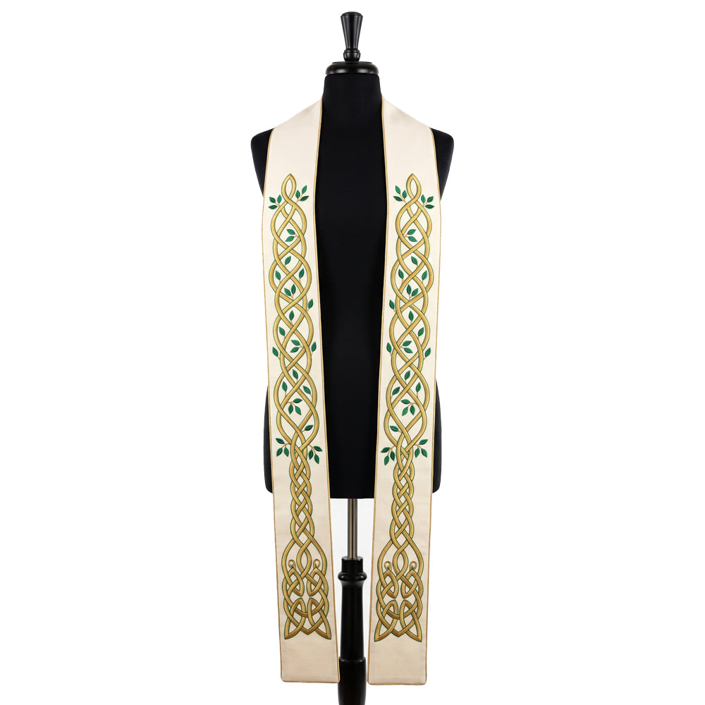 Alternate front view of the Ivory Celtic Knot Stole on a second mannequin, showing the interlace band and leaf sprigs.