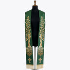 Front view of the Celtic Tree of Life Green Stole, showing the gold tree canopy, trunk and knotwork roots on both panels.