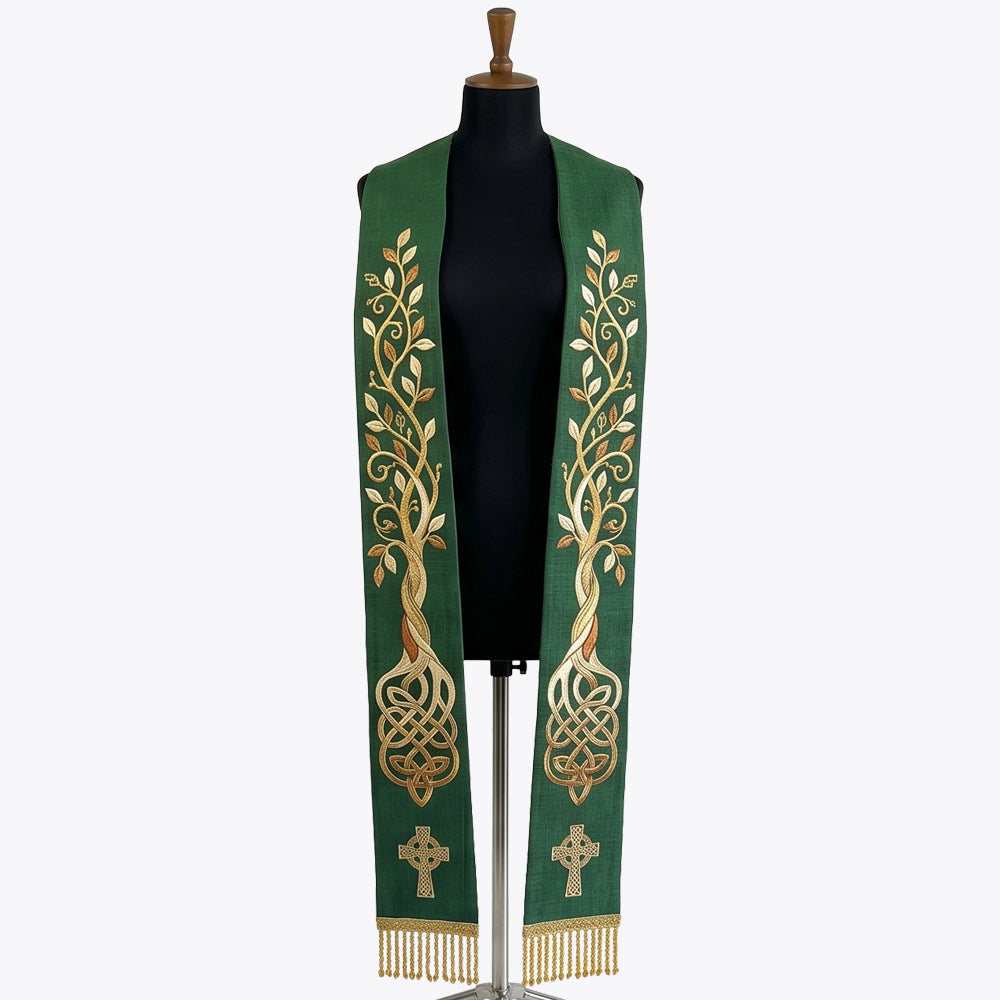 Front view of the Celtic Tree of Life Green Stole, showing the gold tree canopy, trunk and knotwork roots on both panels.