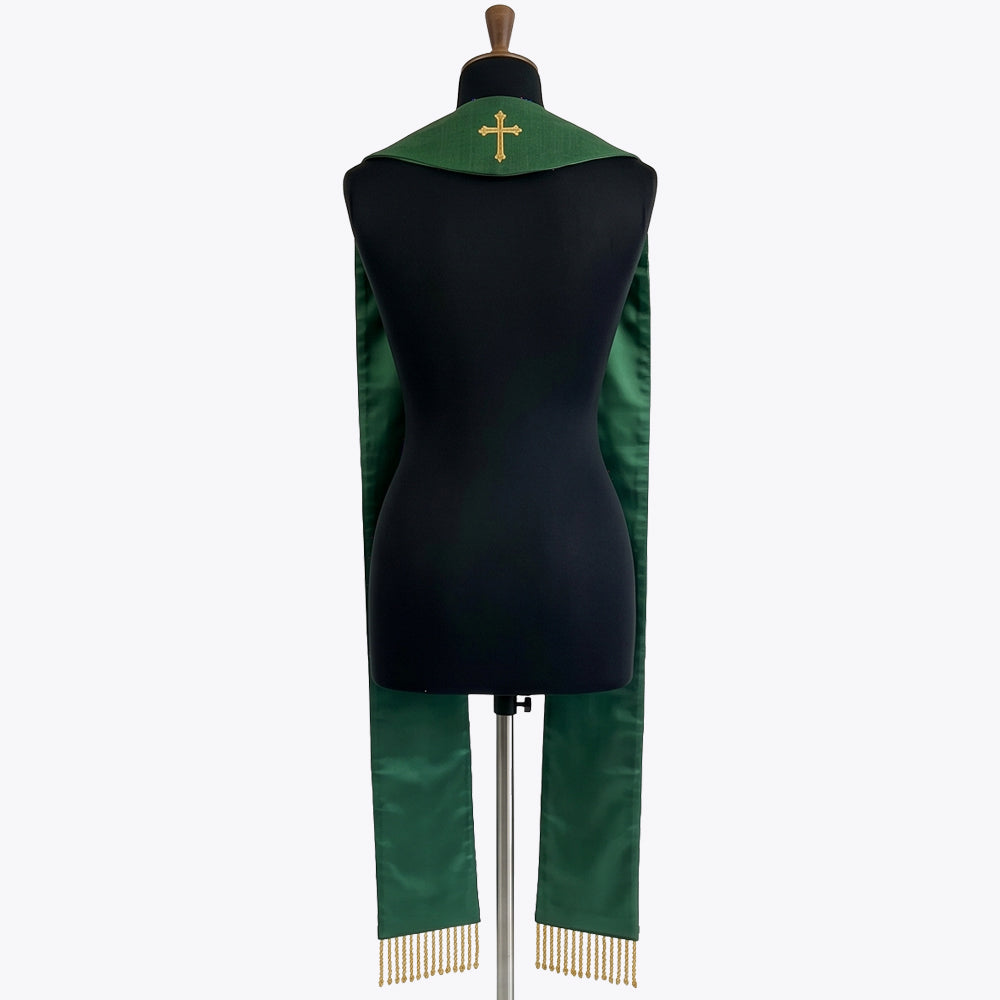 Back view of the Celtic Tree of Life Green Stole, showing the plain green reverse, neckline cross and gold bead fringe.