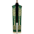 Front view of the Green Celtic Tree of Life Pastor Stole, showing the gold tree and knotwork root on both panels.