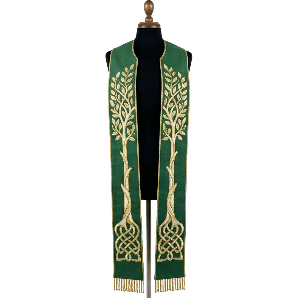 Front view of the Green Celtic Tree of Life Pastor Stole, showing the gold tree and knotwork root on both panels.