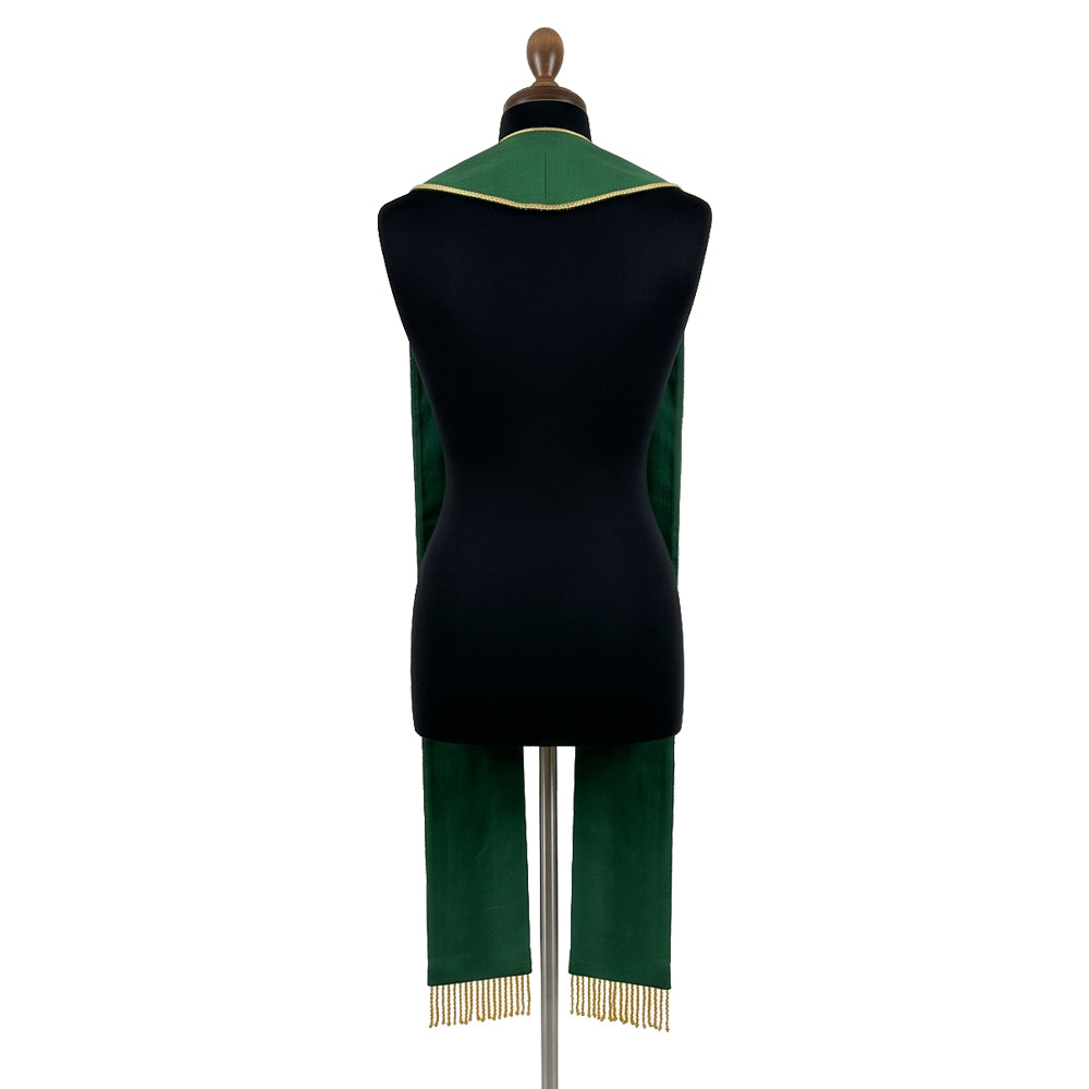 Back view of the Green Celtic Tree of Life Pastor Stole, showing the plain green reverse and gold bead fringe.