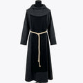 Front view of a charcoal monk habit with a solid black scapular and rounded gathered hood