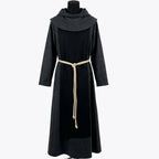 Front view of a charcoal monk habit with a solid black scapular and rounded gathered hood