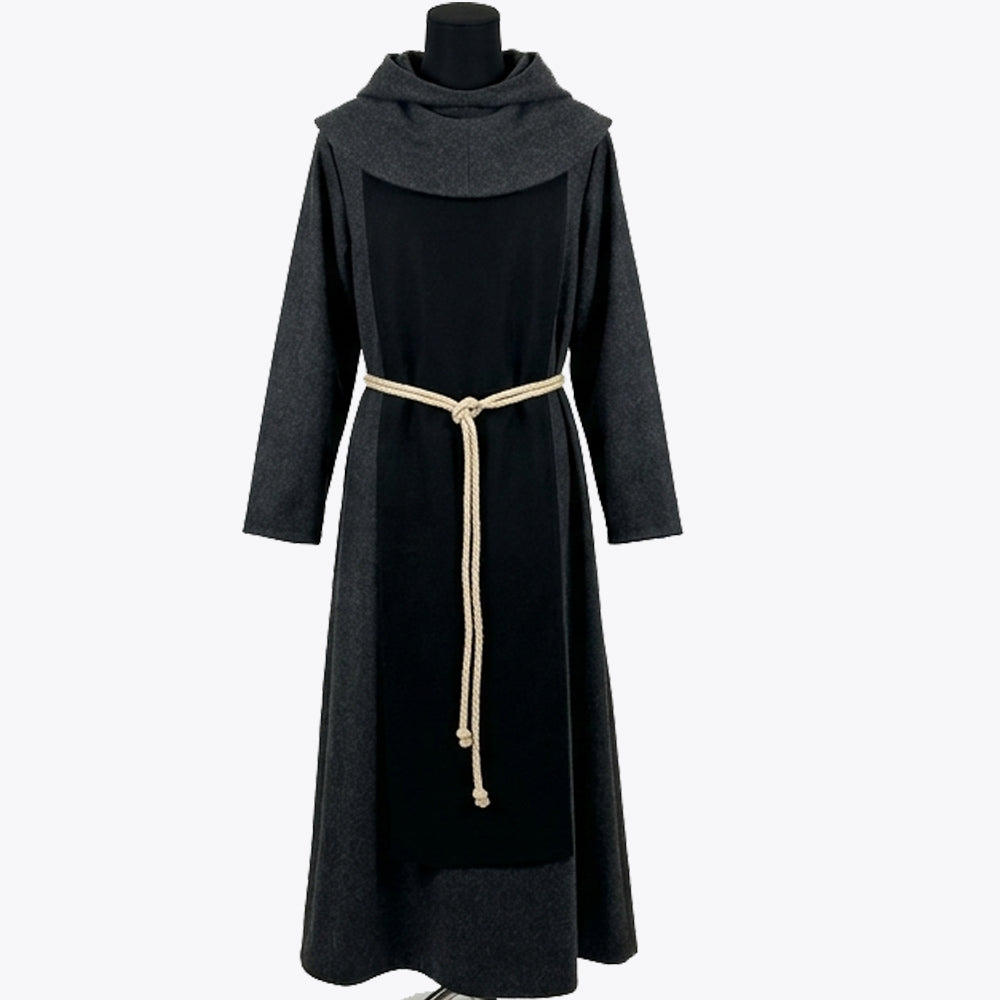 Front view of a charcoal monk habit with a solid black scapular and rounded gathered hood