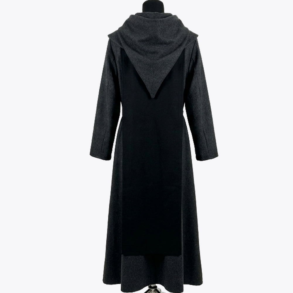 Back view of the charcoal monk habit showing princess seaming and the flared stepped hem