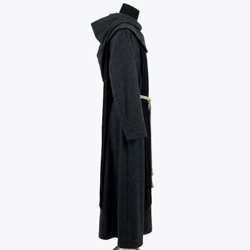 Side profile of the charcoal monk habit showing the fuller hood shape and rope cincture