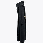 Side profile of the charcoal monk habit showing the fuller hood shape and rope cincture
