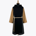 Front full-length view of a charcoal grey monk habit with a black hood and scapular and camel sleeves