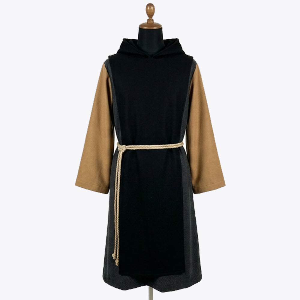 Front full-length view of a charcoal grey monk habit with a black hood and scapular and camel sleeves