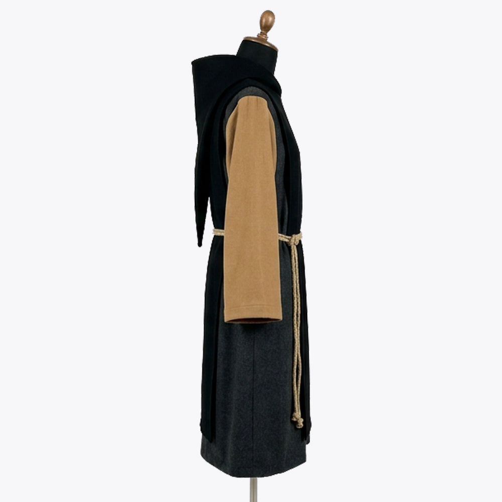 Side profile of the charcoal wool habit showing the camel sleeve and the knotted rope cincture