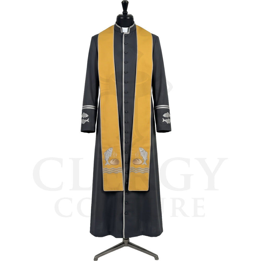 Front view of a charcoal clergy cassock robe worn with the optional gold stole embroidered with silver loaves and fishes.