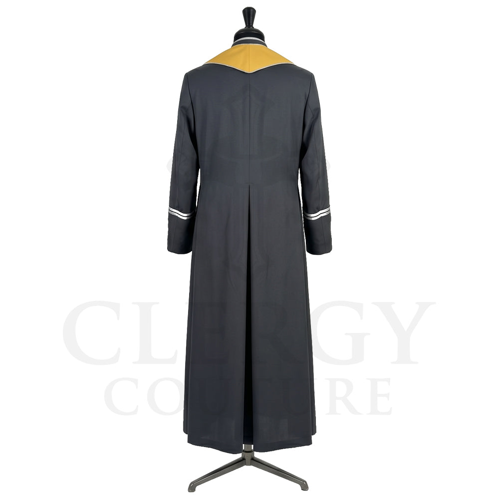 Back view of the charcoal cassock robe without the stole, showing the pointed gold yoke and the silver cuff bands.