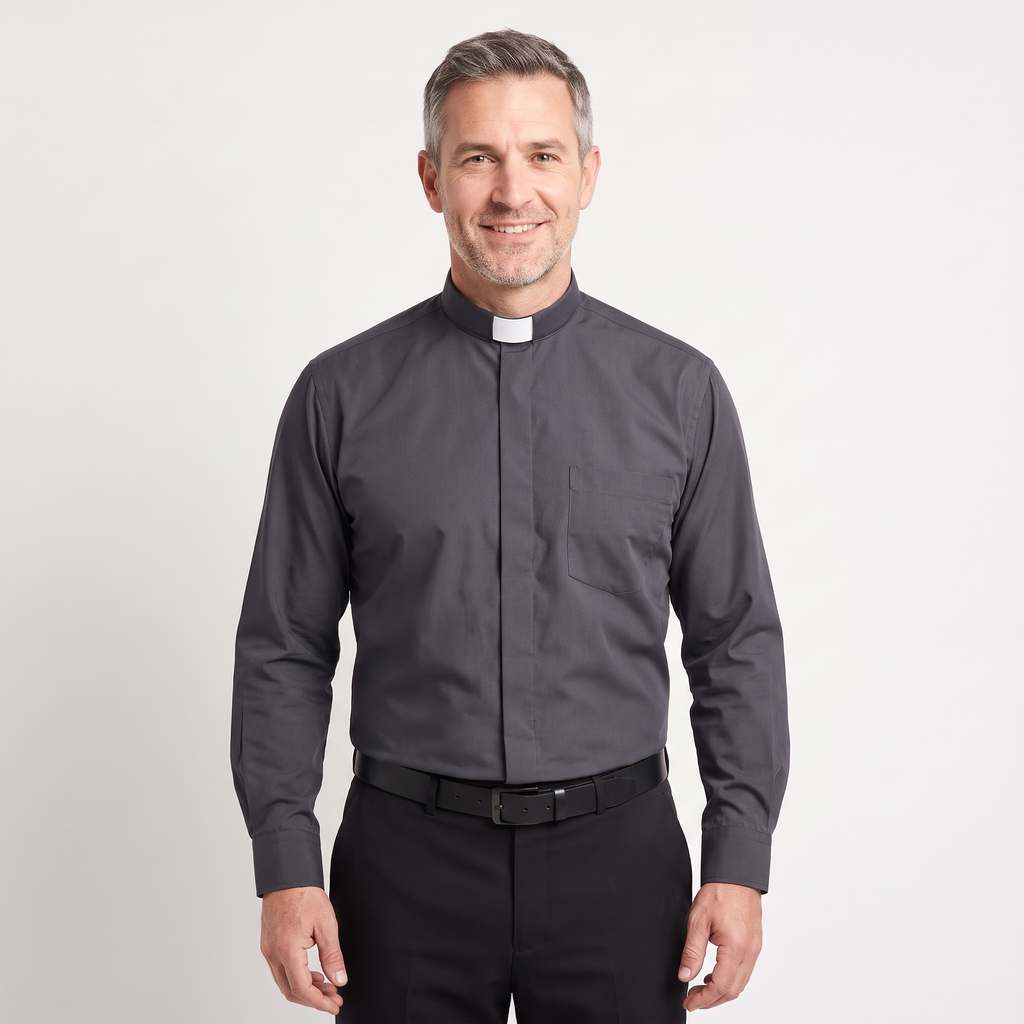 Man wearing the charcoal long-sleeve tab-collar clergy shirt with a white tab (shown for styling, not included), covered placket and left chest pocket, against a light grey background.
