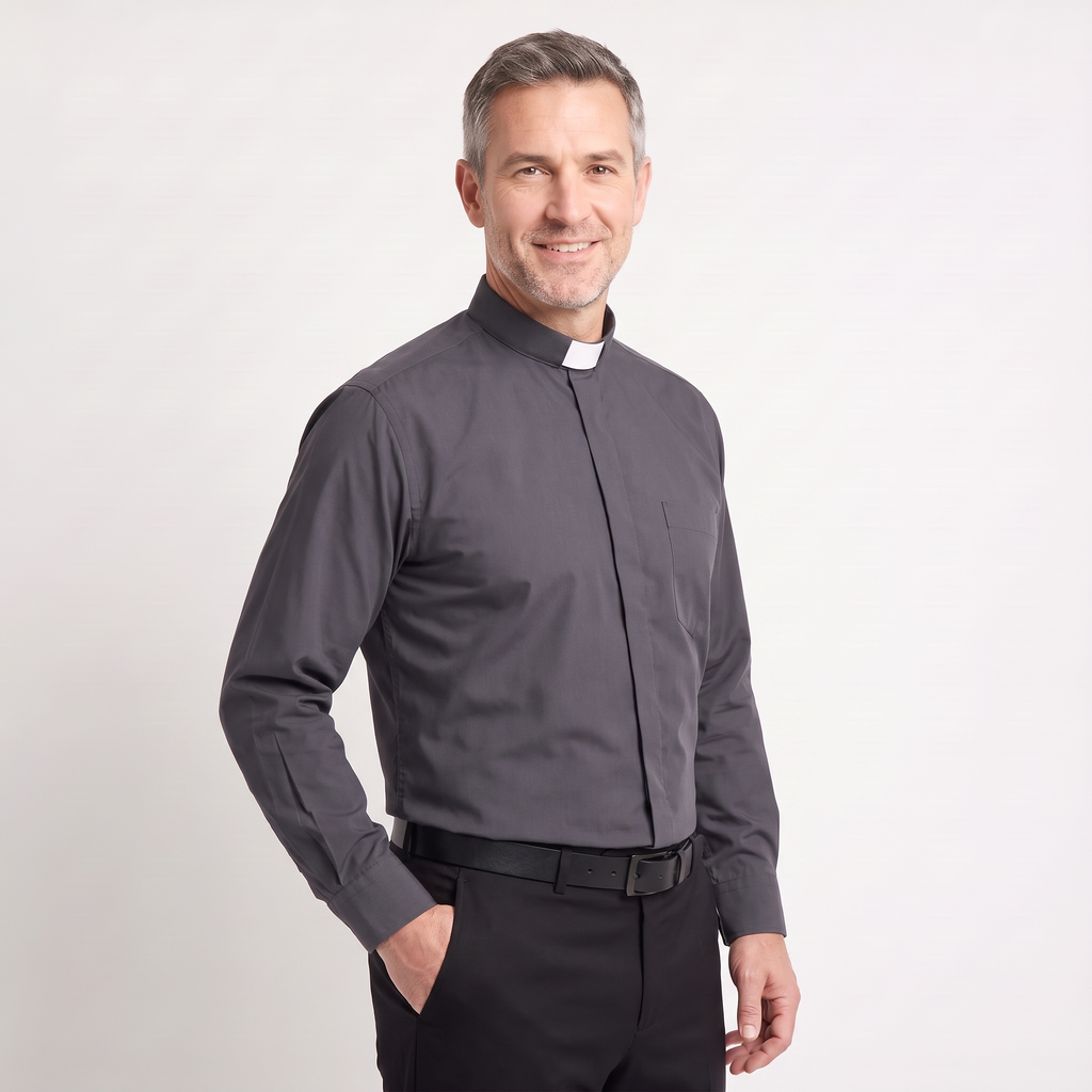 Three-quarter view of the charcoal clergy shirt showing the collar profile, sleeve and cuff.