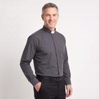 Three-quarter view of the charcoal clergy shirt showing the collar profile, sleeve and cuff.